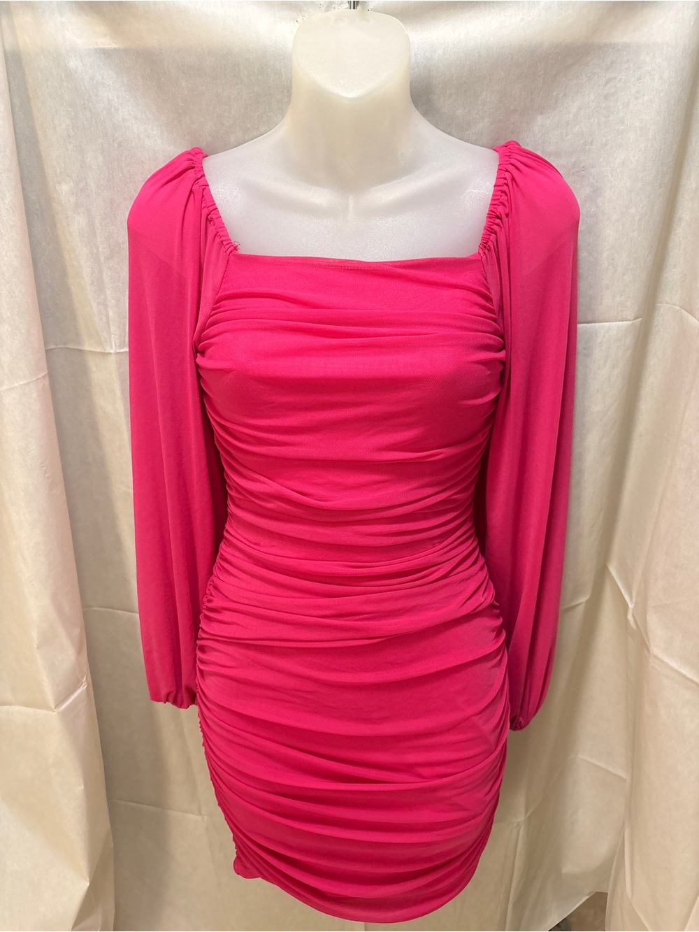 Fuchsia Ruched Long-Sleeve Mini Dress